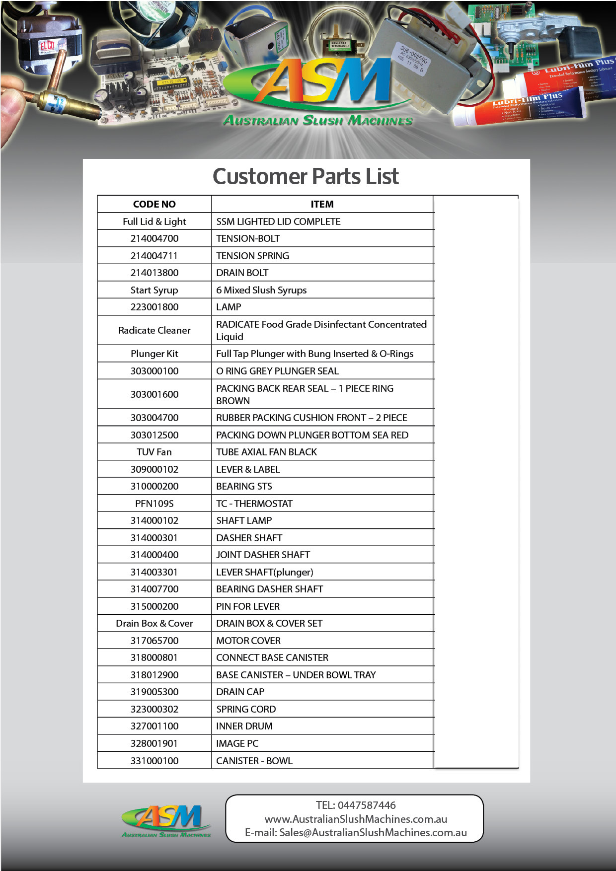 ICETRO Parts List Buy Slush Parts for Slush Machines